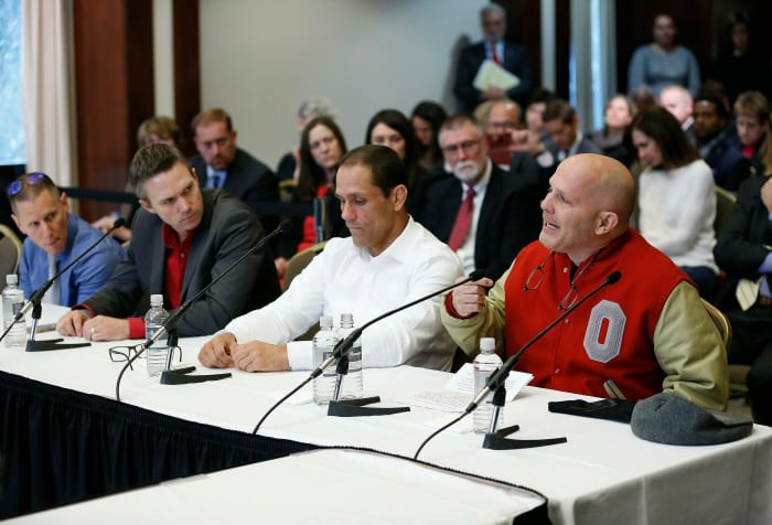 In 2018, victims of Strauss, including, from right, Michael DiSabato, Mike Schyck, Brian Garrett and Stephen Snyder-Hill, spoke at an Ohio State University Board of Trustees meeting.